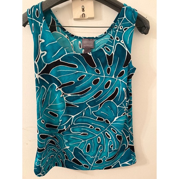 Chico's Tops - Chicos Additions Womens Teal Black Monstera Leaf Tropical Tank Top Size 0 S